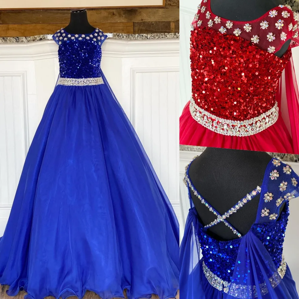 Royal Blue Girl Pageant Dresses 2022 Crystals Beading Chiffon Dress Ballgown Little Kids Birthday Cape Formal Party Wear Gowns Infant Toddler Teens Miss Straps