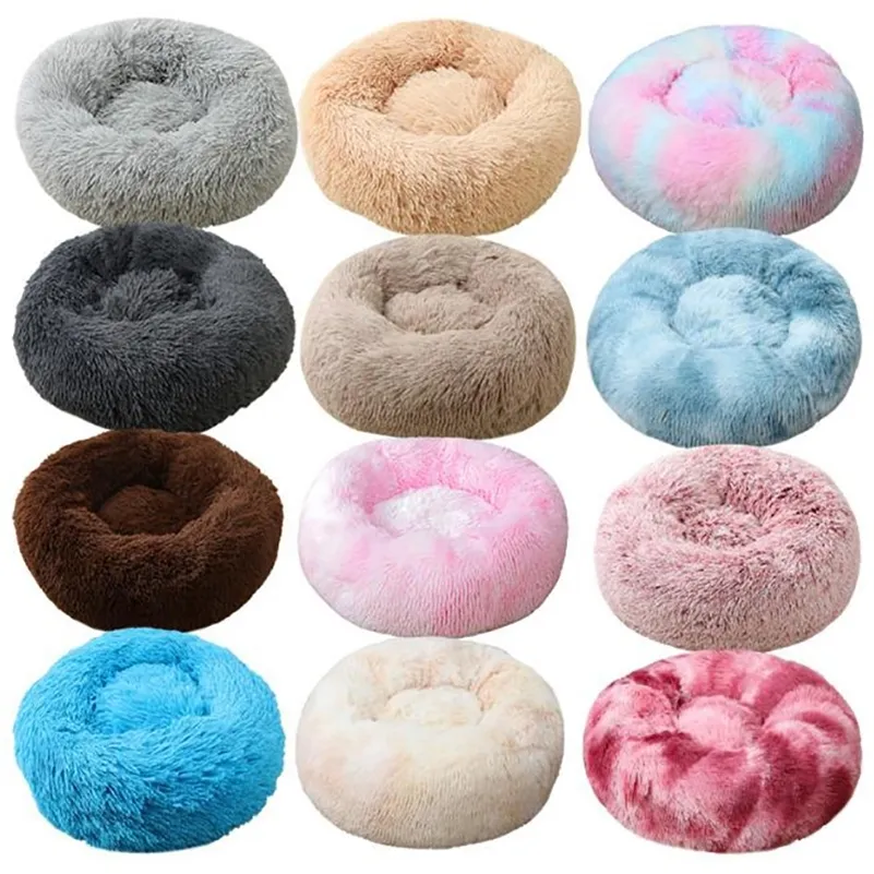 Rotondo Pet Bed House Morbido lungo peluche Kennel Cucciolo Cuscino Letto per cani Cestino Prodotti per animali Cuscino Cat Pet Bed Mat Cat House Divano 201130