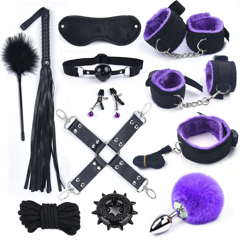 12 Pcs / Set Nylon En Peluche Sex Toys Pour Adultes Femmes Menottes Fouet Bouche Gag Corde Érotique BDSM Bondage Avec Métal Anal Queue Fox Y201118