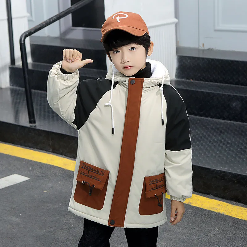 Winter Patchwork Hoodie Jacket For Boys Warm And Casual Quilted
