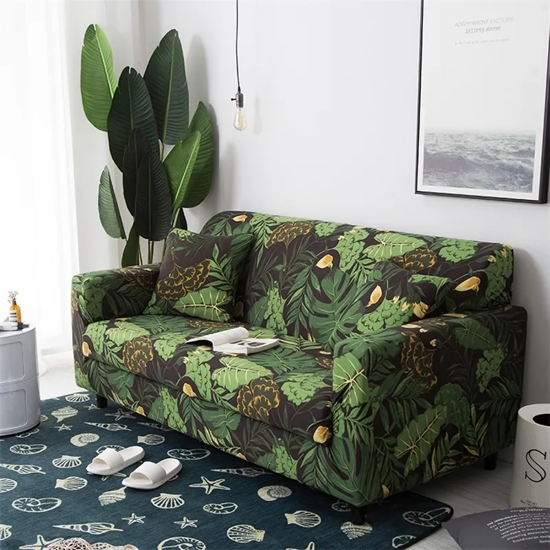 熱帯の葉と花の柔軟なソファのスリッコバーオールインクルーシブストレッチ家具カバーソファタオルの家の装飾1/2/3/4シートLJ201216