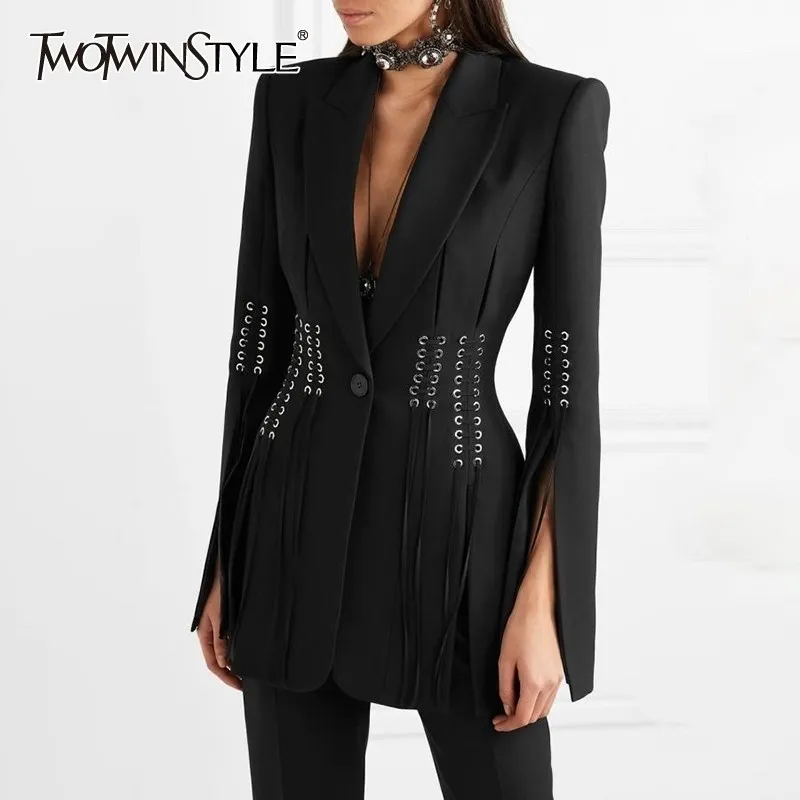 TWOTWINSTYLE Printemps Casual Femmes Blazer Revers À Manches Longues Bouton Bandage Split Slim Noir Femme Manteau Vêtements De Mode 201023