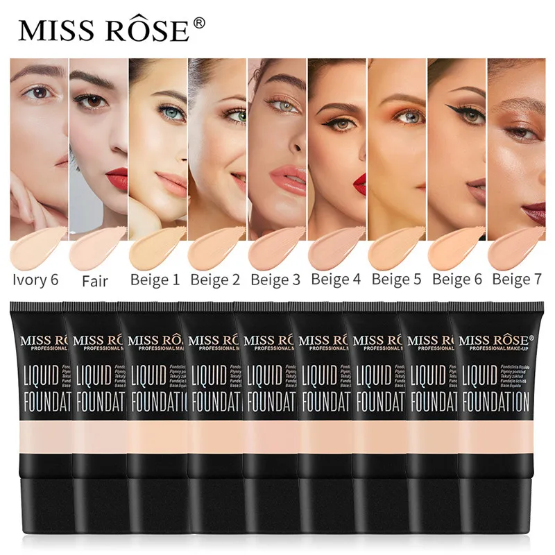 Miss Rose 9 Cores Fally Foundation Waterproof Liquid Foundation Base Liquid Correcionador Maquiagem Cosméticos Compõem