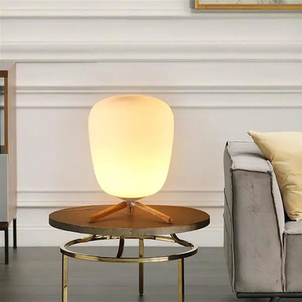 E27 Ultra Modern Mini Fashion Frosted Glass Lampshade and Wooden Bracket Texture Study Table Lamp with Light Source US Plug Indoor