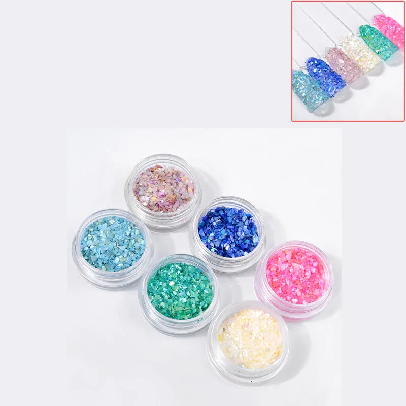 Lot von 6 Farben mischten Farben-Funkeln-Shell-Chips Pulver Nail Art Flakes Maniküre 3D DIY Dekoration-Nagel-Abziehbilder Tipps