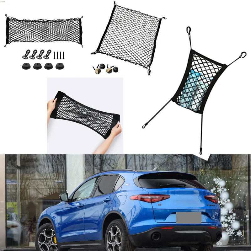 För Alfa Romeo Stelvio bil Auto Black Bakre Trunk Cargo Bagage Organizer Storage Nylon Vertikal Säte Nät