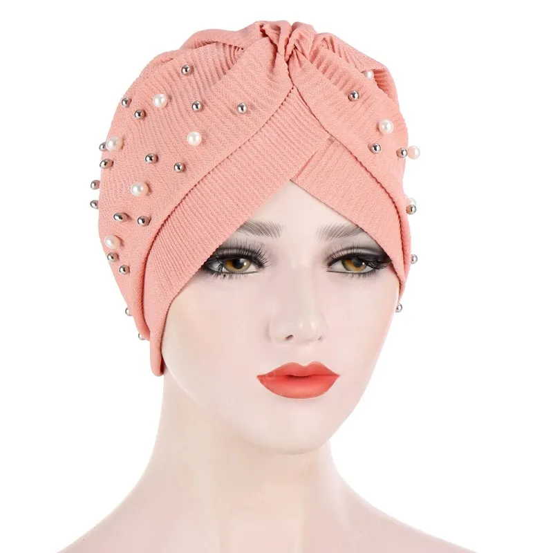 Muzułmańskie Turban Nakrycia głowy dla kobiet Wzburzyć Pearl Bead Caps Chemo Beanse Headwrap dla raka codzienne użyj akcesoriów włosów