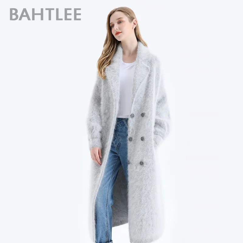 Bahtlee Vrouwen Angora Double Breasted Long Jas Trui Winter Wol Gebreide Vesten Jumper Turn Down Collar Lantern Sleeves \ 201031