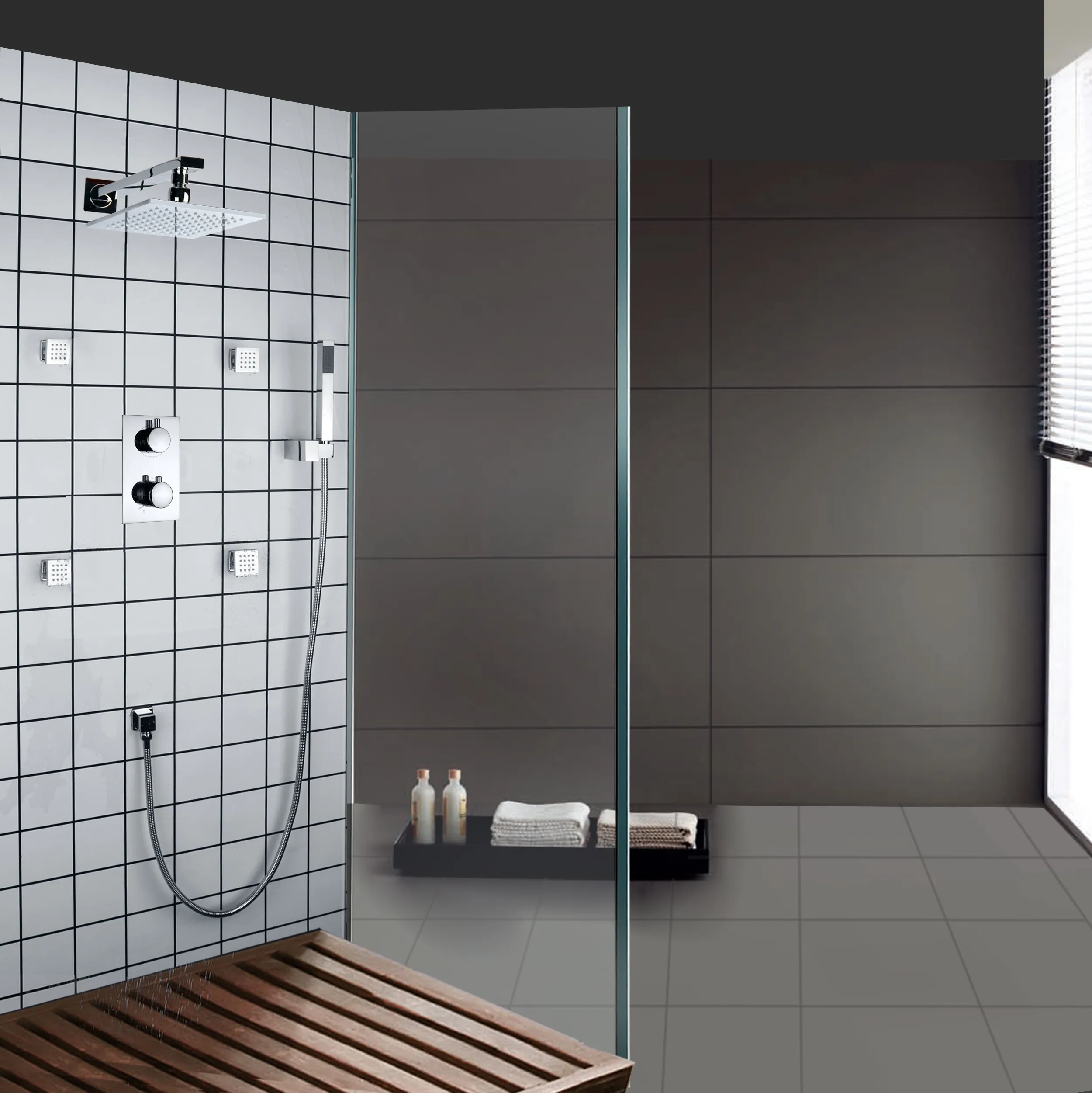 Sistema de ducha termostático pulido cromado Cuarto de baño Montado en la pared LED Lluvia Lluvia Conjunto Set Mixer Bath Faucet Head