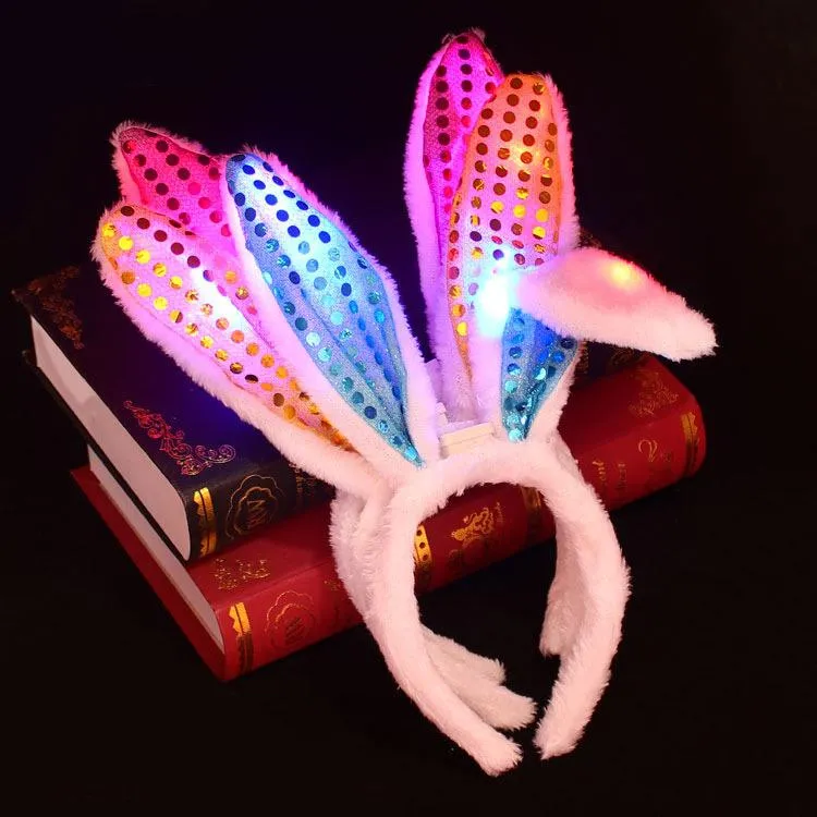 LED Light Flashing Fluffy Rabbit Ears Headband Sequins Headdress Bunny Ears Costume accessory Cosplay Woman Halloween Christmas Party Supply