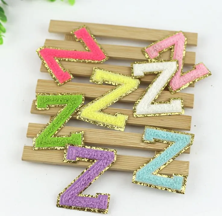 Mix Color Chenille Fabric Gold Glitter Letters Patches Towel Embroidery Rainbow Gritt Alphabet Iron on Lovely Sticker Name Clothing DIY Accessory SN6284