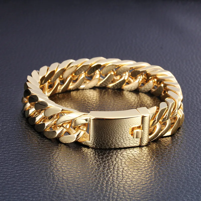 215 mm vergoldetes Armband für Herren, Edelstahl, Kuba-Gliederkette, Armbänder, Rap, Hip-Hop, Herren-Modeschmuck
