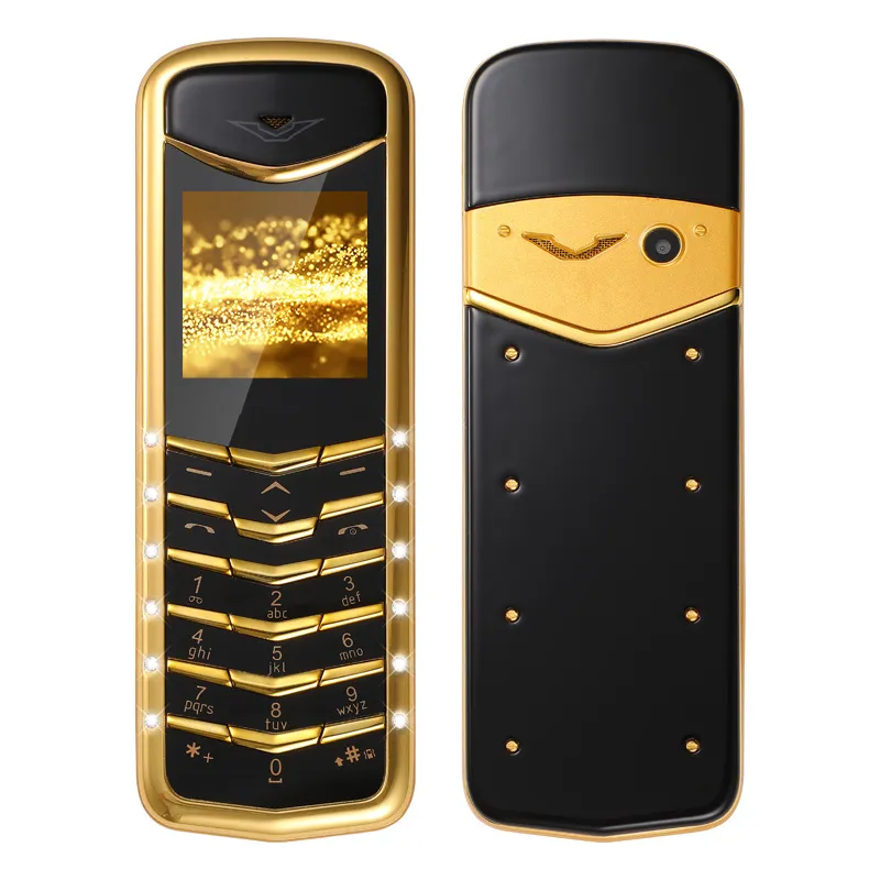 Desbloqueado Luxo Golden Signature Celular Telemóveis Dual SIM Cartão Móvel Telefone Móvel Mini Aço Inoxidável MP3 Câmera Metal Cerâmica Voltar Celular