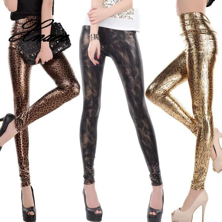 Xnxee Leggings slim alla moda da donna a vita alta Leggings skinny da donna pantaloni stampati serpente oro nero pantaloni di piccola taglia in ecopelle