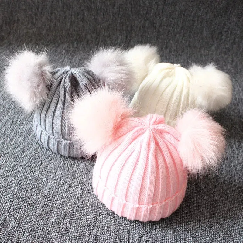 5pcs Kids Double Pom Pom Pom Beanie Winter Bobble Hat вязаная съемная шляпа.