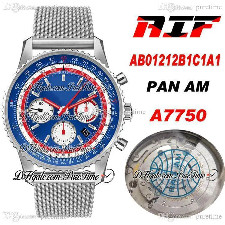 AIF B01 Chronographe 43 Swissair A7750 Montre automatique pour homme AB01212B1C1A1 Cadran bleu et blanc Bracelet en acier à mailles Meilleure édition PTBL Puretime I9