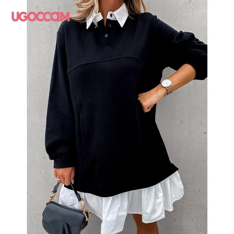 Casual Dresses UGOCCAM A-Line Long Sleeve Woman Dress Patchwork Turn-down Collar Ruffles Young Style Sweet Loose Dresse For Women Clothes