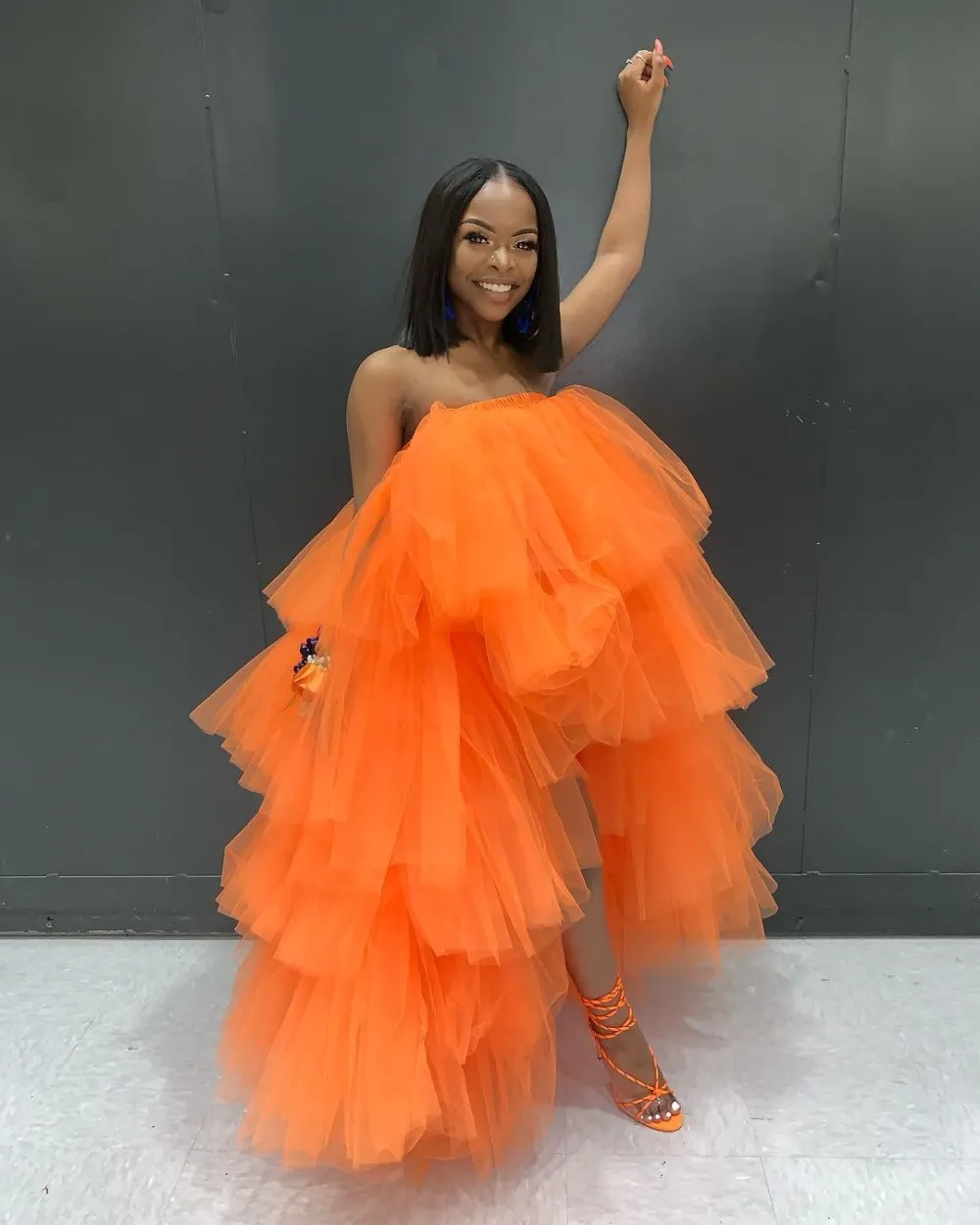 Orange Tulle layered Tulle prom dress with Tiered Ruffles and Strapless Hi-Lo - Customizable Formal Evening Gown for Women