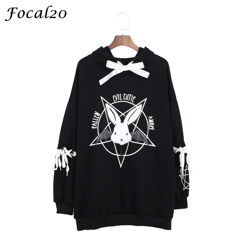 Focal20 harajuku pentagram print spets upp kvinnor fleeces hoodies gothic punk oversize velvet hooded sweatshirt pullover streetwear lj200811