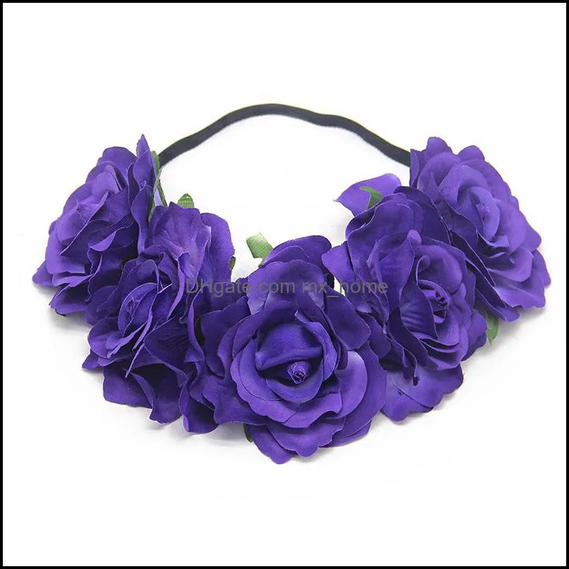 25 Colors Bride Rose Flower Wreath Headbands Women Girl Floral Crown Hairband Wedding Head Elastic Rubber band Garland Bohemia Headwear