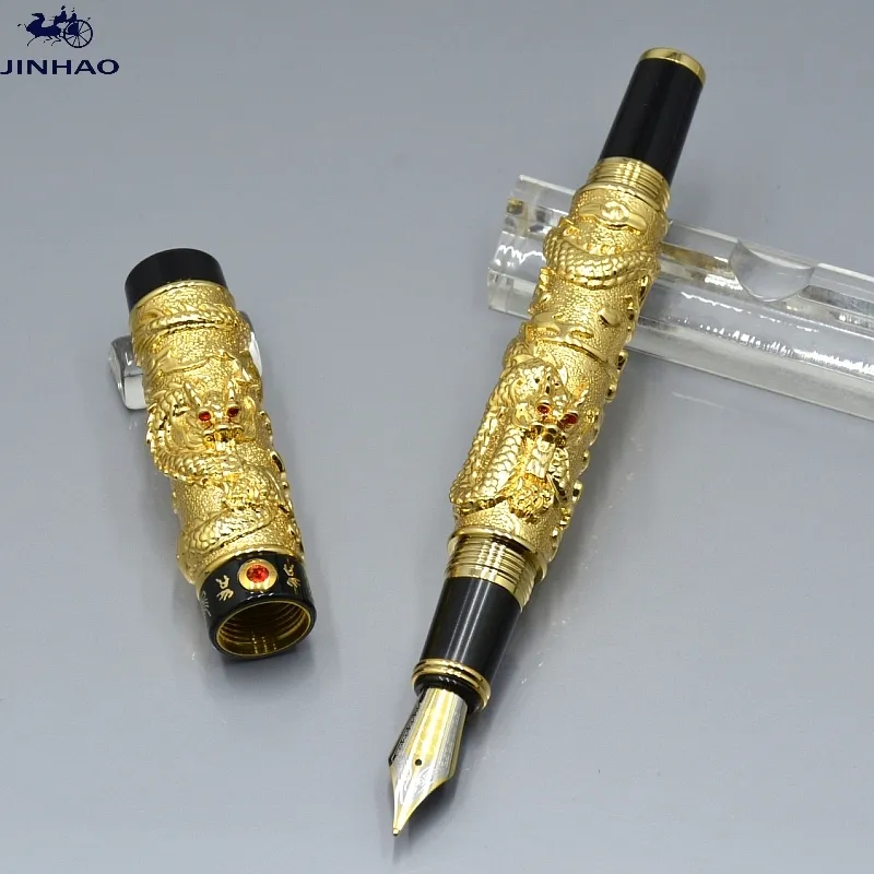 TOP LUXURY JINHAO PEN 18K IRAURITA NIB Classic Fountain Pen Unique Dragon Shape Reliefs Office School levererar högkvalitativa skrivande bläckpennor