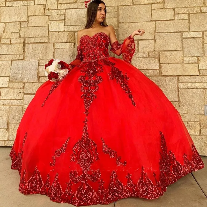 Красный сладкого 16 Quinceanera платье Sequined аппликация бисер с плечом Pageant платья Мексиканская именинница платье