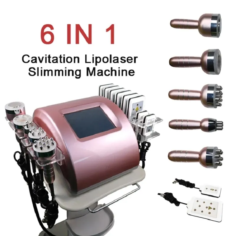6in1 Máquina multifuncional de escavação ultrassônica de gordura Máquina de emagrecimento Lipo Laser Perda de peso RF Aperto a vácuo Equipamento de beleza 5 cabeças