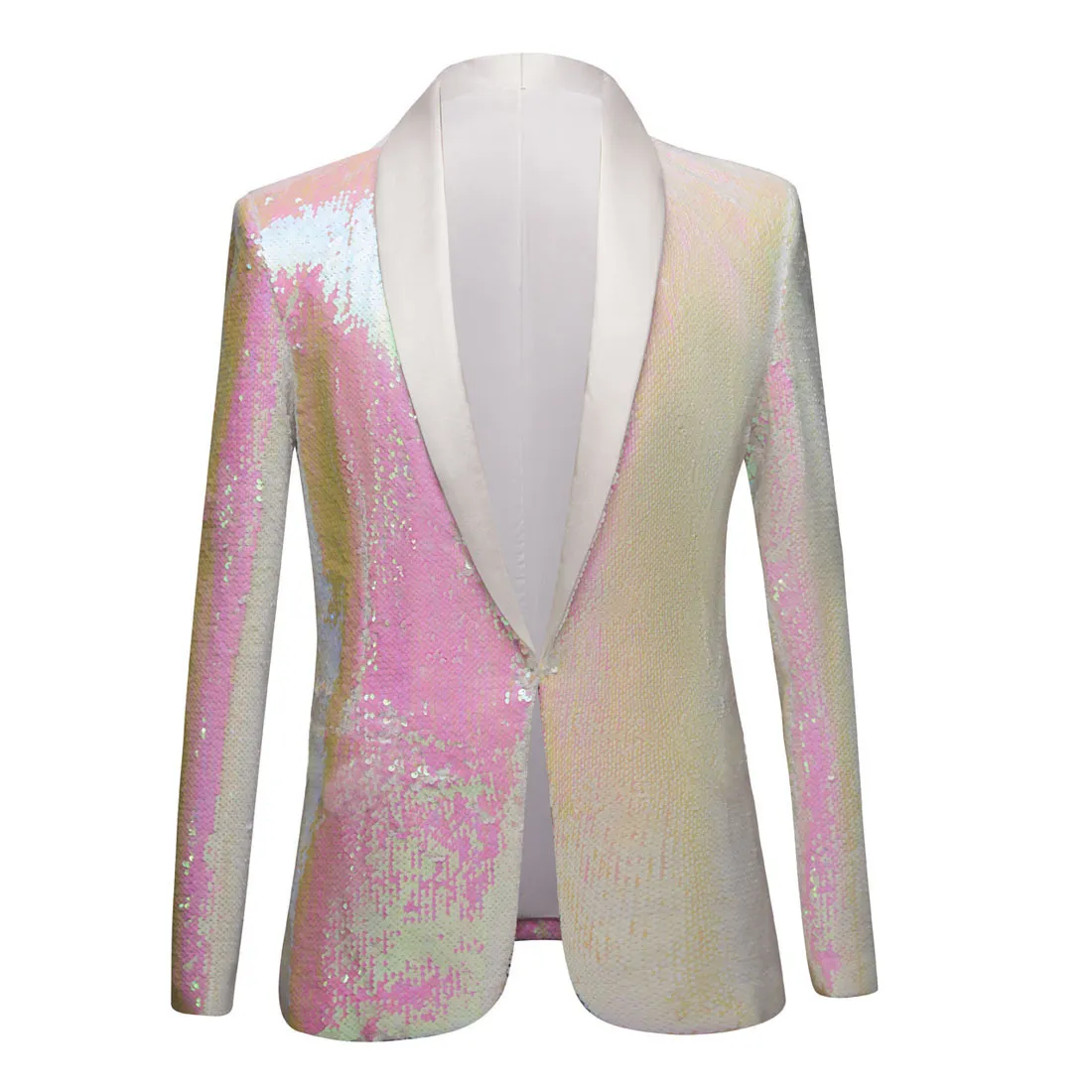 Men Pure White Pink Sequin Shawl Lapel Suit Blazer Double Side Fashion Male Prom Dress Suit Jacket Night Club Singer Slim Fit Tuxedo Costume