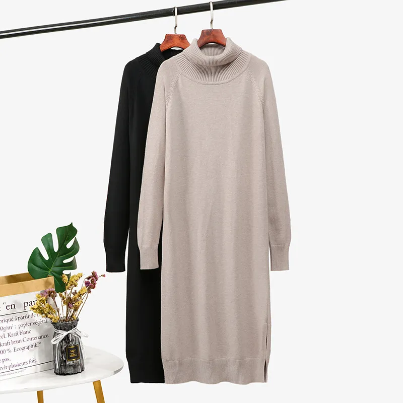 Autumn Winter Turtleneck Long Knitted Dress Women Casual Loose Solid Female Office Lady 210520