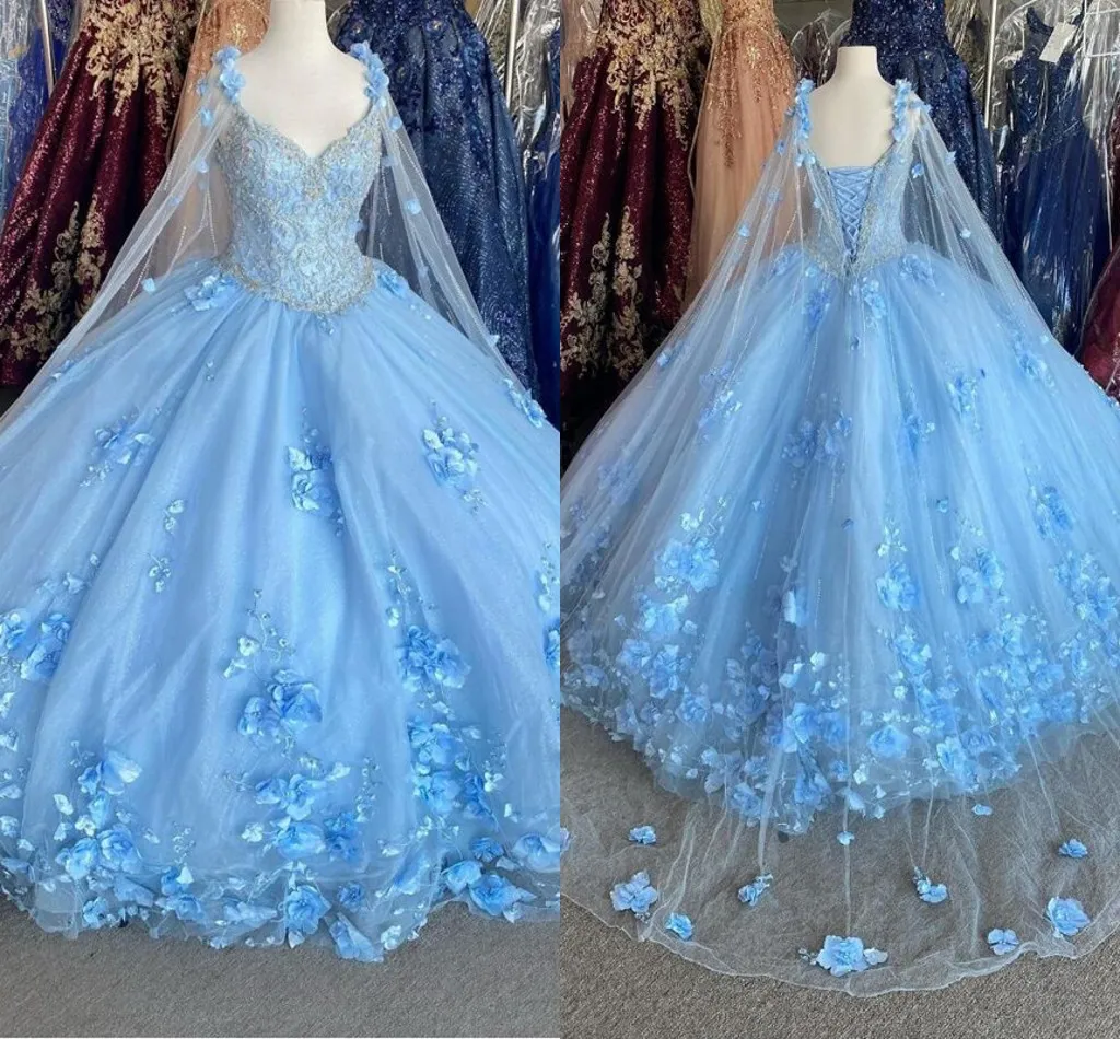 Bahama Blue 3D Flowers Quinceanera Klänningar med WRAP Crystal Beaded Dress Evening Gowns Classic Sweetheart Lace-Up Sweet 16 Dress Plus