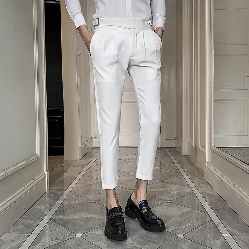 Men s White Slim Fit Pleated Dress Pants 100 Cotton Formal Business Suit Trousers for Wedding 2024 Casual Pantalon Costume