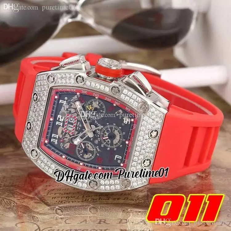 2022 A21J Montre automatique pour homme Boîtier en acier Lunette en diamant Grande date Cadran squelette noir Bracelet en caoutchouc rouge Super Edition 7 Styles Puretime01 SG-g7