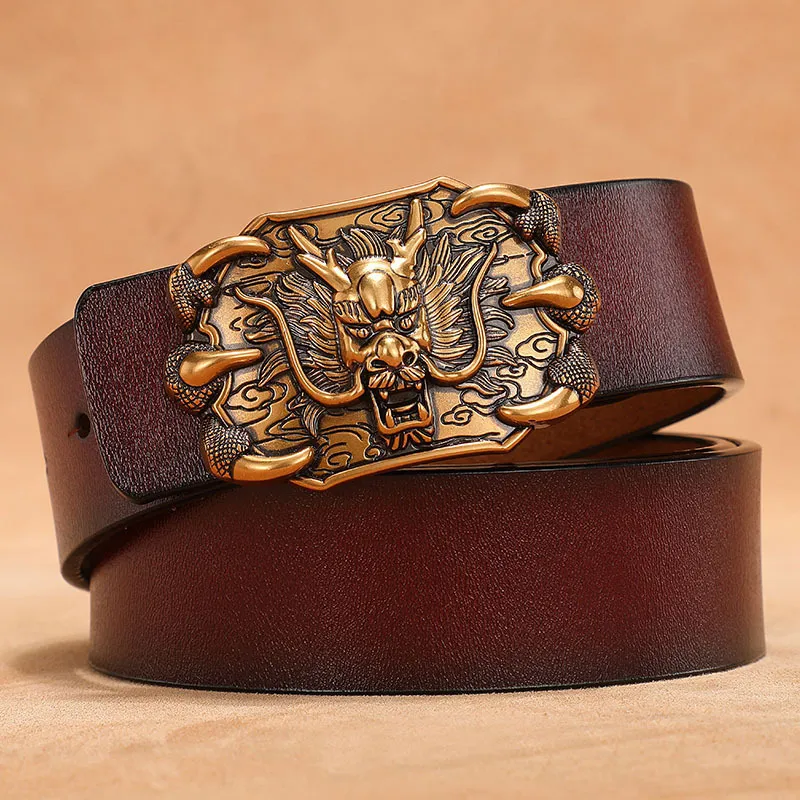 Lion Head 3D Gold Silver Buckle Belt Men Real Cowskin Genuine Leather Belt Plus Size 140cm 150cm Black Brown Belts Vintage 2020