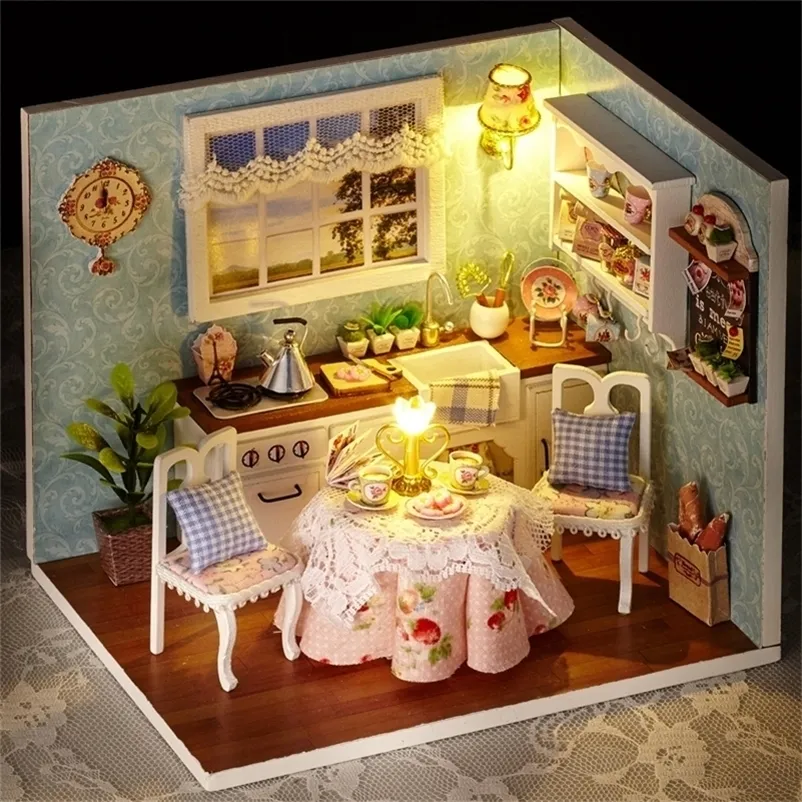 DIY Miniature Dollhouse Kitchen Model Room Box, Wooden Dollhouse Toys with  Dust Cover and LED Lights, Christmas and Birthday Gift 201217