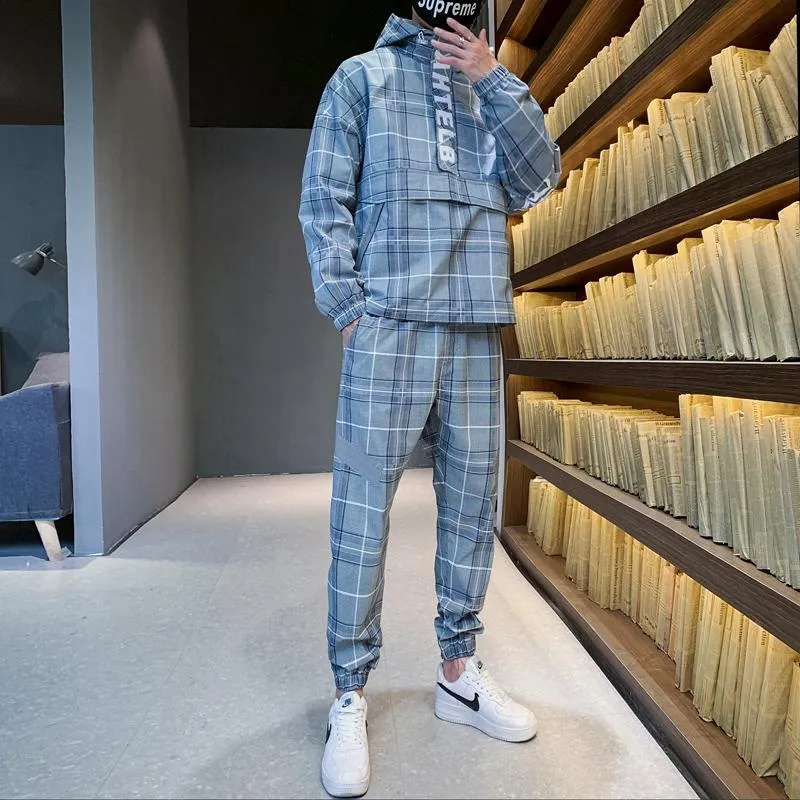 2021 New Fashion Plaid Tracksuit Men Hooded Sweat Suits 2 Piece Men Reflective Jogger Sets Streetwear Pullover Sweatsuit