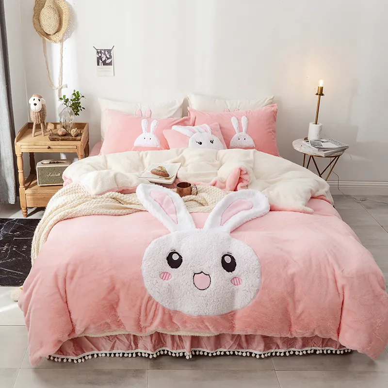 Bianco Blu rosa set di biancheria da letto in pile King Queen Twin size 4 pezzi set letto inverno caldo copripiumino copriletto gonna letto per ragazze T200706