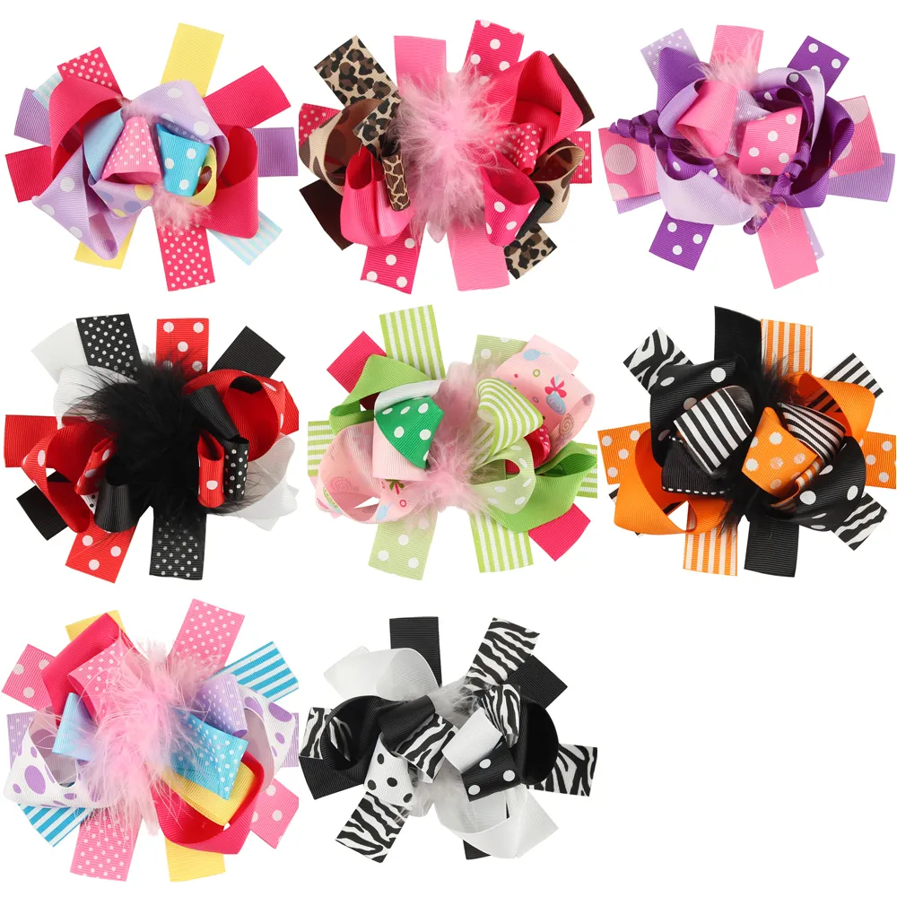 Baby Girls Boutique Feather Bows Pins Solid Grosgrain Ribbon Bowknot With Clip Children Kids layered Bow Hair Accessories for toddler QHC024