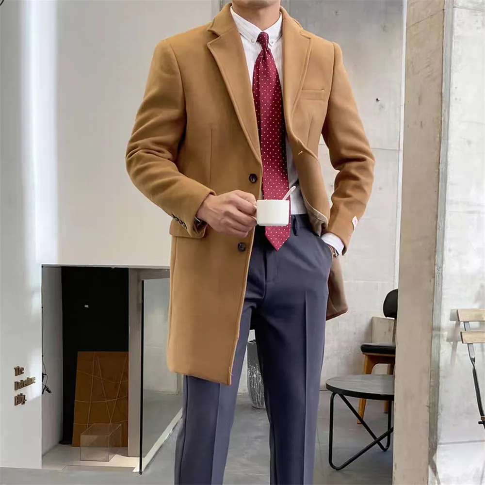 Camel Warm Woolen Mens Long Coat Jacket Custom Made Tjock Bröllop Skräddarsydd Party Prom Business Blazer Endast One Point Suit