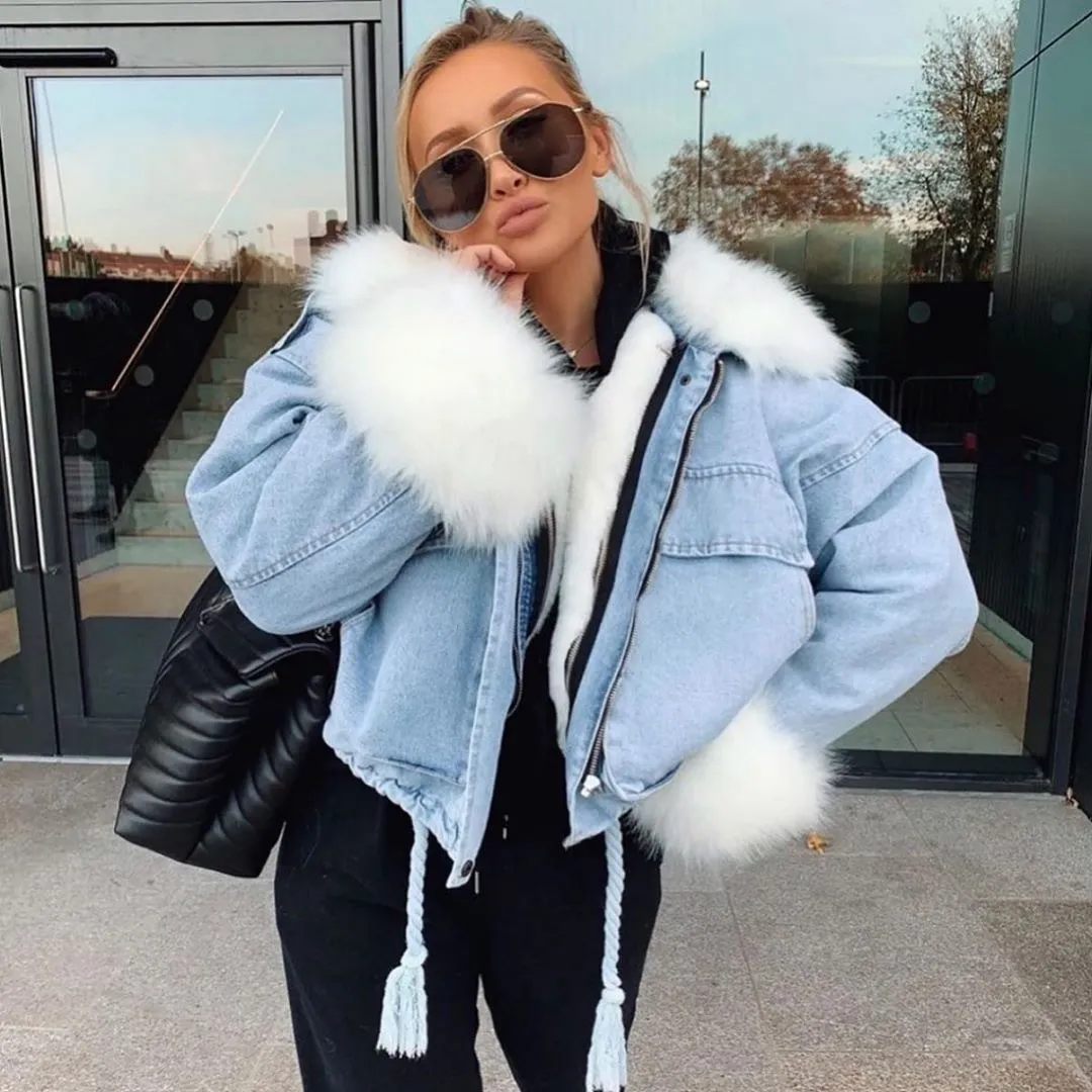 Denim jacket with faux fur collar sales
