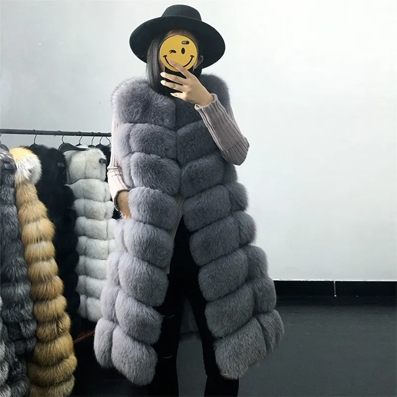 Faux Fur Coat Autumn Winter Women Fashion Casual Warm Slim Sleeveless Long Faux Fox Fur Vest Winter Pockets Jacket Women 201212