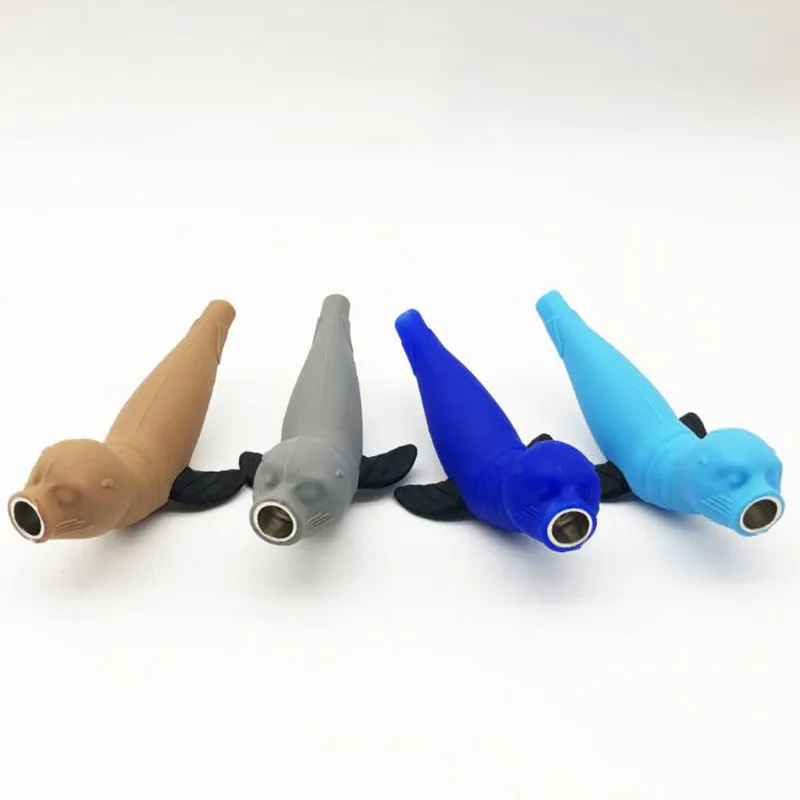 Nouveau Style Coloré Silicone Portable Sea Lions Forme Herbe Sèche Filtre À Tabac Bol En Métal Pipe À Main Fumeur Titulaire De Haute Qualité DHL Gratuit