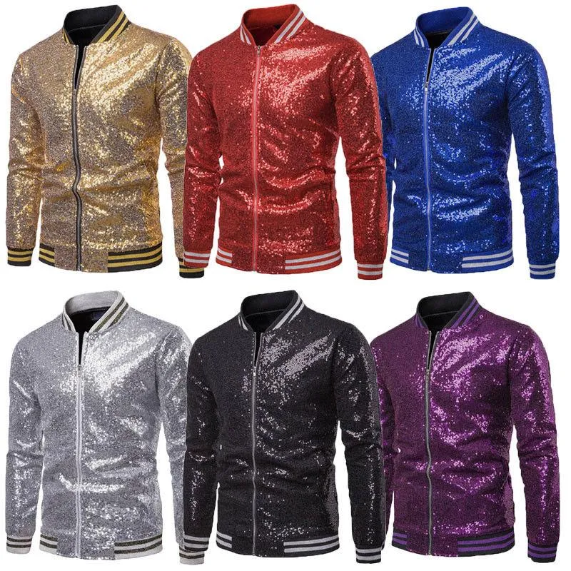 Mäns Jackor Fashion Mens Sequins Långärmad Zip Up Jacket Outwear Club Party Sequined Coats Formell Business Stage Suit