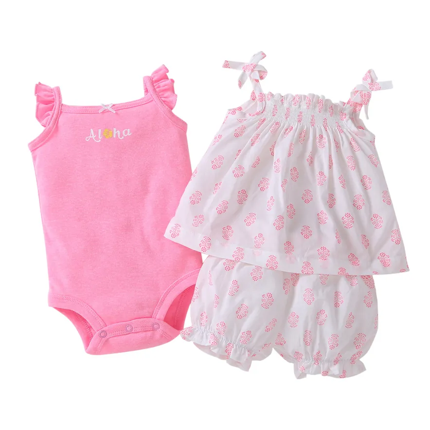 Hot sale Baby clothes cotton pink floral Baby Clothing Set baby rompers Girls summer pattern Sets 3 pieces/set=1 set + 1 romper