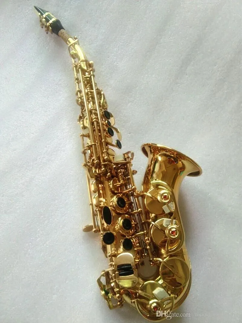 Gloednieuwe gebogen soprano saxofoon goud sleutel messing sax professionele mondstuk patches pads riet buig nek