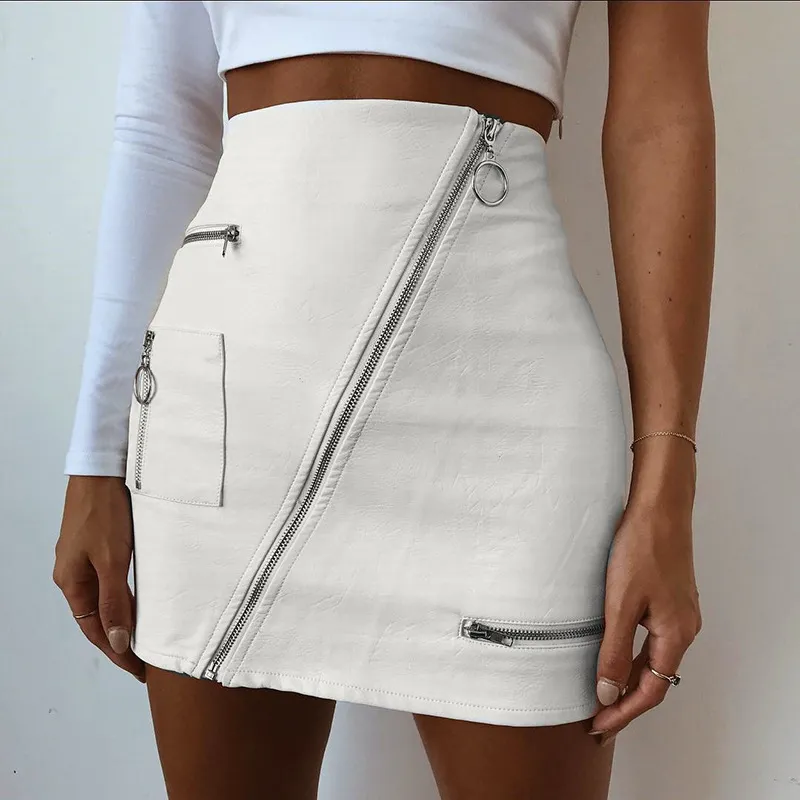 Saias Mulheres Uma Linha Moda Faux Leather Zipper Design Slim Fit White Girl Crush Roupas