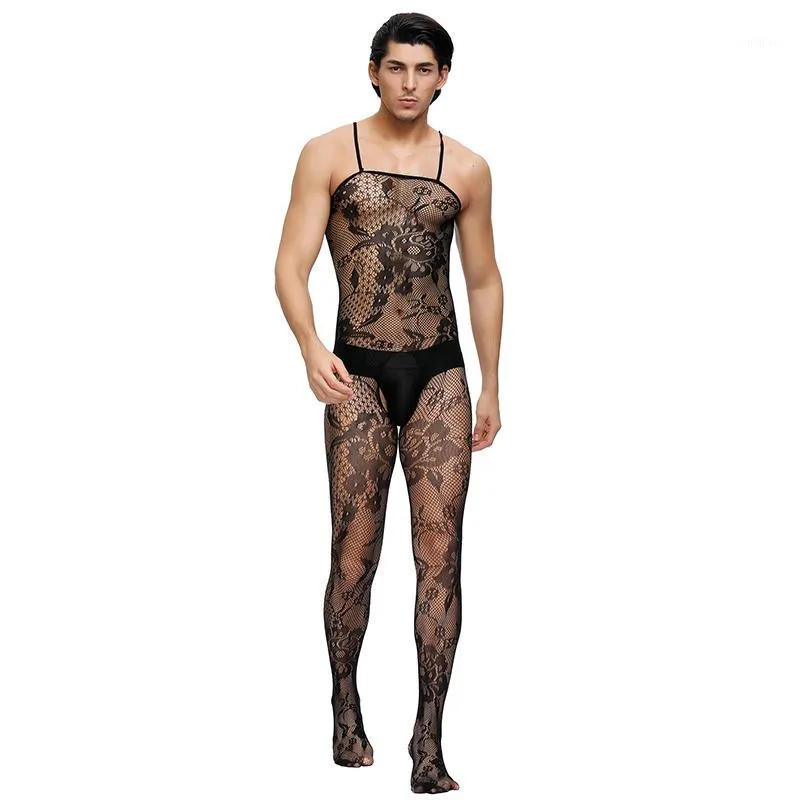 Men's G-Strings Crotchless Men Fishnet Bodystockings Floral Sling Stretchy Body Suit Fantezi Erotik Spaghetti Strap Perspective MPS1611