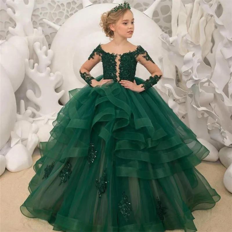 Abiti di fiori di fiori in pizzo verde scuro abiti lunghi abiti da ballo perline coglione tulle in tulle liltttle kids di compleanno abiti da allega