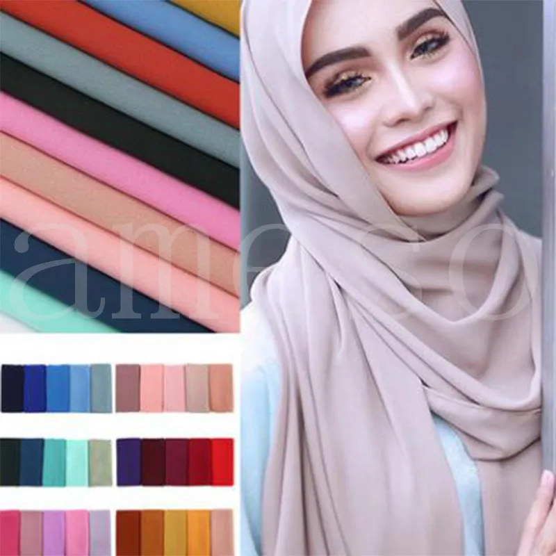 Femmes plaine bulle en mousseline de soie écharpe hijab wrap couleur unie châles bandeau musulman hijabs foulards/écharpe 78 couleurs DB344