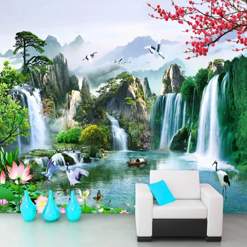 Custom Mural Wallpaper Chinese Style 3D Waterfalls Nature Landscape Wall Painting Living Room TV Sofa Study Classic Home Decor