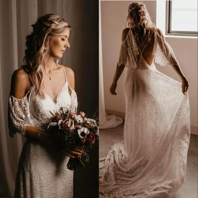 2021 Boho Lace Suknie ślubne Sexy Backless Chapel Pociąg Krótkie Rękawy Off The Ramię Wedding Suknia Bridal Custom Made Vestido de Novia